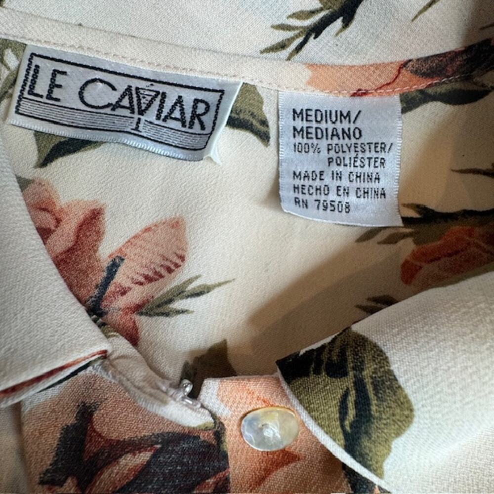 Le Caviar Sheer Floral Blouse M Beige Fall Cottagecore Button Front - Picture 14 of 14